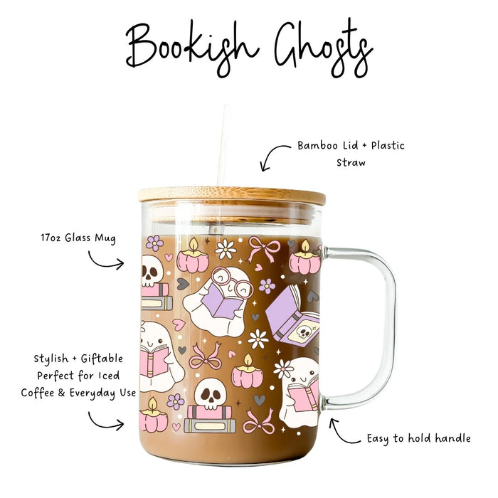 Glass Cup with lid Bookish Ghosts Cup 17oz