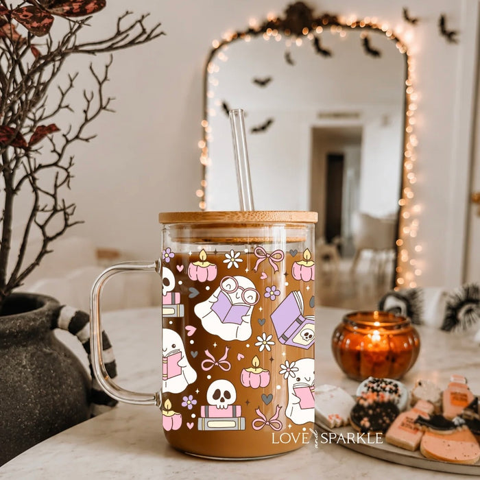 Glass Cup with lid Bookish Ghosts Cup 17oz
