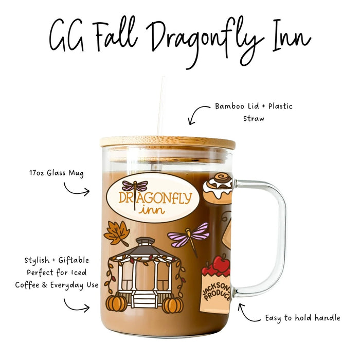 Glass Cup with Lid GG Fall Dragonfly Inn 17oz