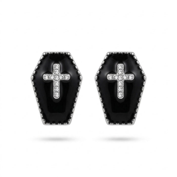 Black Coffin Stud Earrings with Rhinestone Cross