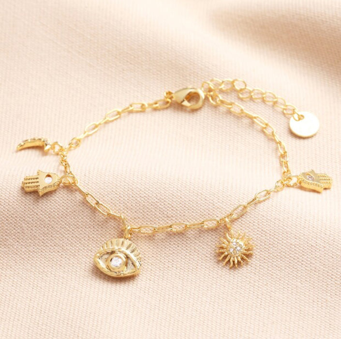 Hamsa Hand & Evil Eye Charm Bracelet in Gold