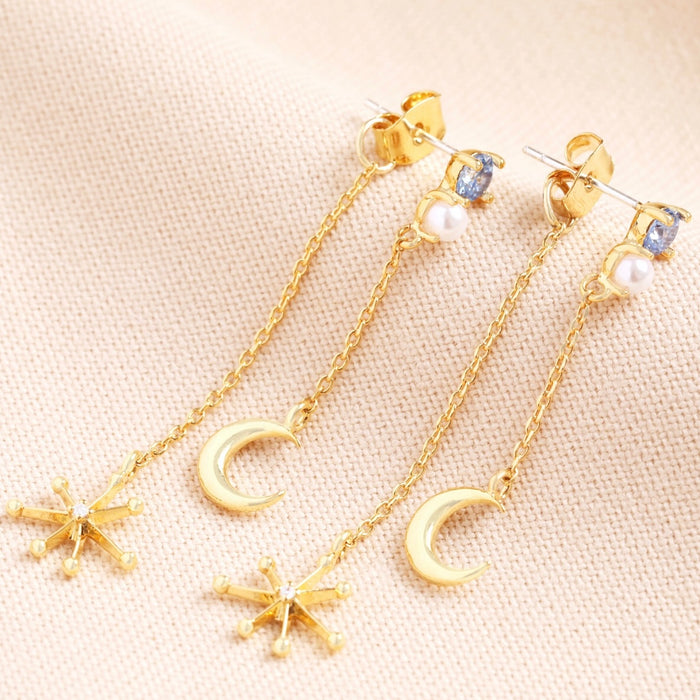 Blue Crystal and Pearl Celestial Drop Earrings