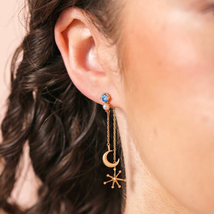 Blue Crystal and Pearl Celestial Drop Earrings