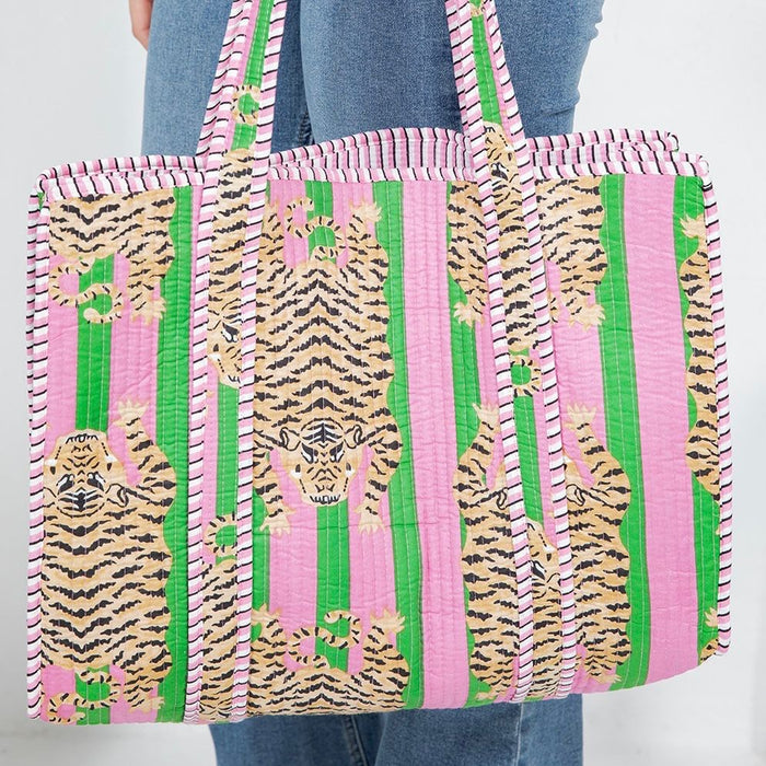Green & Pink Quilted Tote Bag