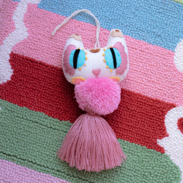 White Cat With Pink Pompom Tassel