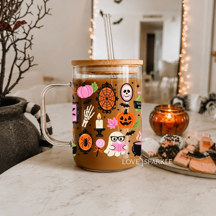 Glass Cup with Lid Witchy Boo Crew 17oz