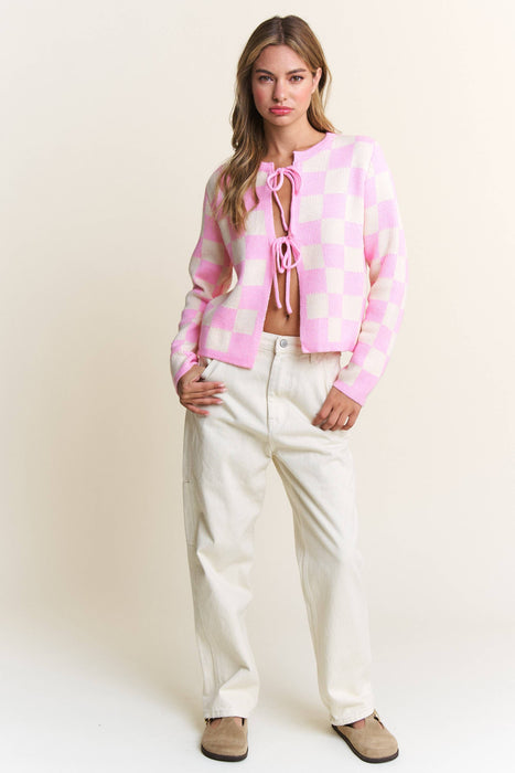 Pink Checkered Tied Sweater