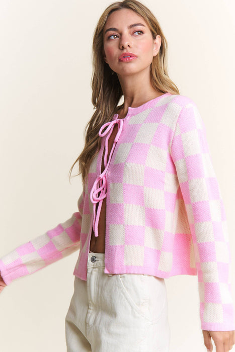 Pink Checkered Tied Sweater