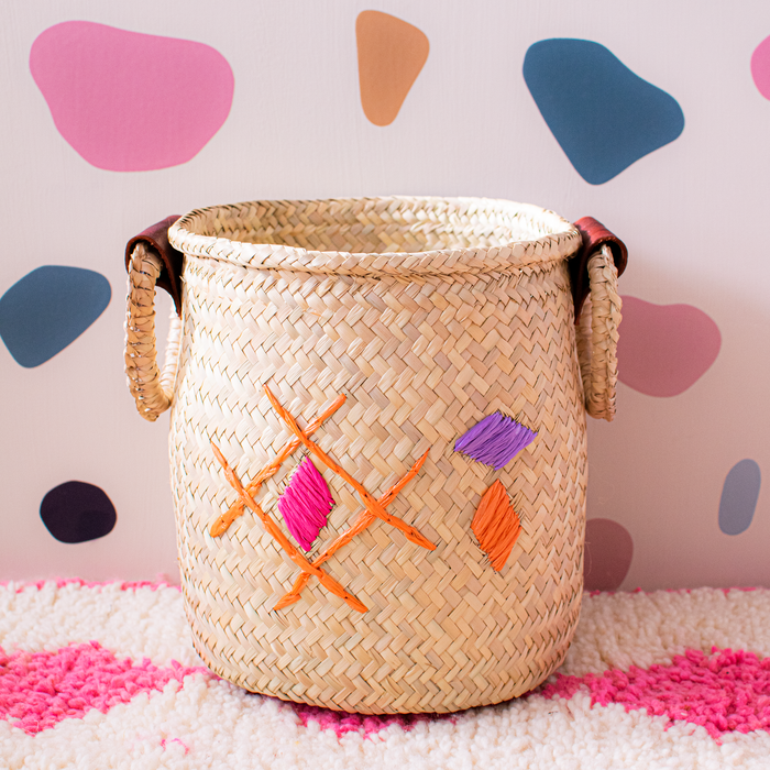 Purple Diamonds - Handwoven Basket - Leather Handles