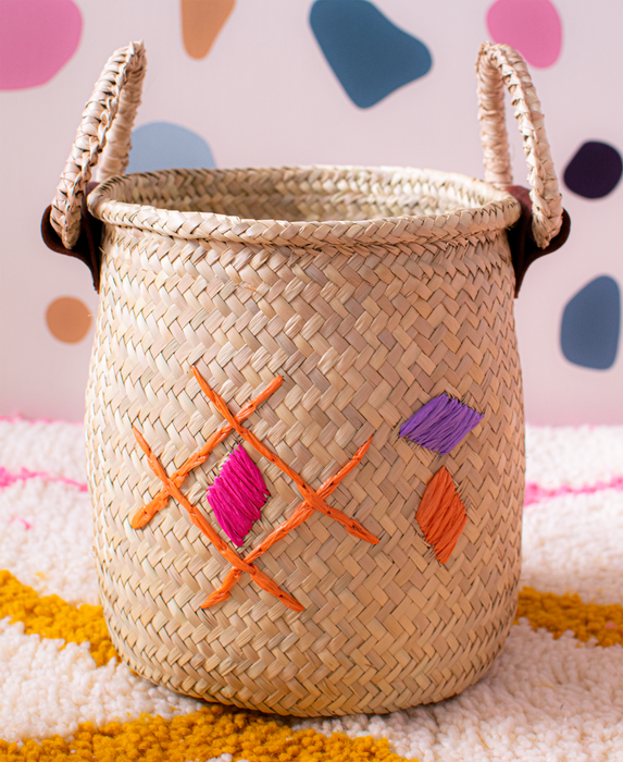 Purple Diamonds - Handwoven Basket - Leather Handles