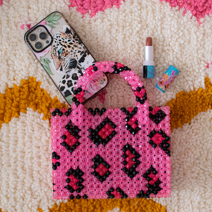 Pink Cheetah - Beaded Bag